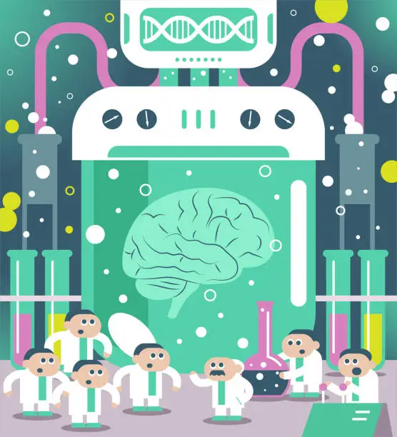 Vector illustration of Scientist (engineer, doctor, biochemist) team doing Brain Research in a laboratory