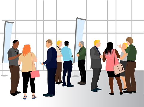 Crowd of business people at a convention, standing in the hallway of a large office building and talking to one another,  Flat design illustration