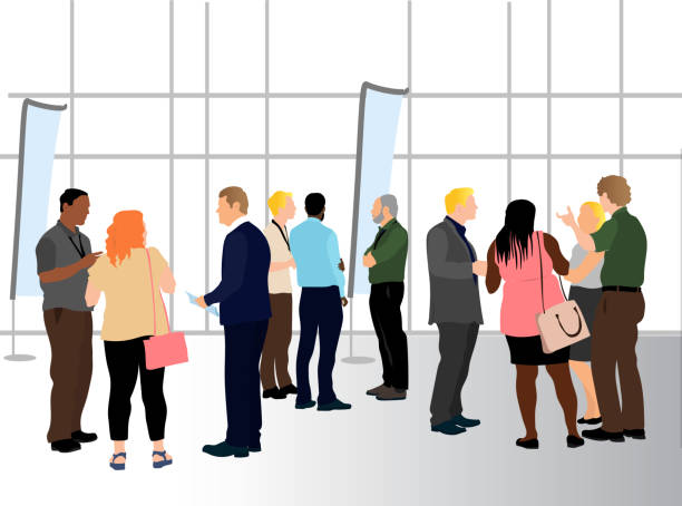 ConferenceCrowdTalkingFlatDesign Crowd of business people at a convention, standing in the hallway of a large office building and talking to one another,  Flat design illustration clip art people stock illustrations