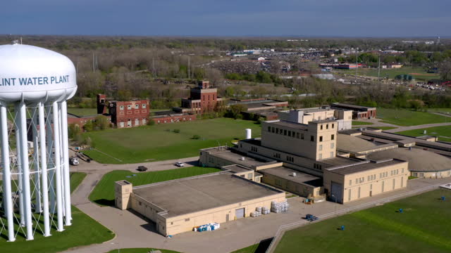 Aerial view of water tower in Flint, Michigan
