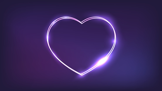 Neon double frame in heart form with shining effects on dark background. Empty glowing techno backdrop. Vector illustration.