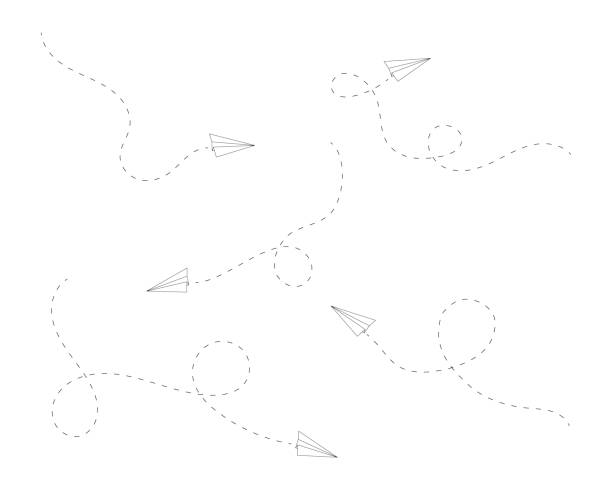 illustrations, cliparts, dessins animés et icônes de ensemble d’avions en papier origami volants avec des lignes de chemins pointillés. les avions comme symbole de livraison, de communication, de voyage, d’imagination, de créativité, de rêve. illustration de contour vectoriel - air mail