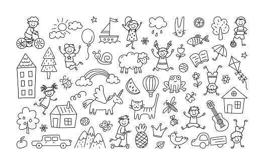 A set of children drawings. Kid doodle. Sun in the clouds, summer flowers, painted houses, cute cat and other black and white elements. Vector illustration