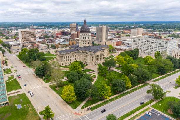 Aerial view of state capitol building in Topeka, Kansas State capitol building in Kansas. kansas photos stock pictures, royalty-free photos & images