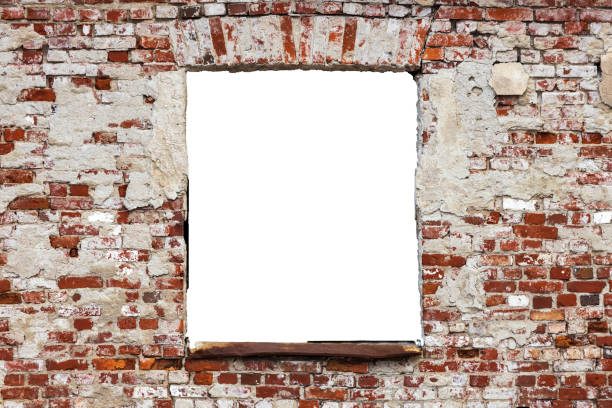 istock wall of old red brick with a hole. isolated on white background. grunge frame. horizontal frame 1321223629