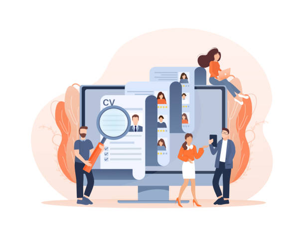 Resume people in flat style. People are lokking for new hires. Laptop screen. Vector illustration. Resume people in flat style. People are lokking for new hires. Laptop screen. Vector illustration screening candidates stock illustrations