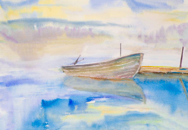 istock Watercolor drawing wooden boat on a sunset background 1321224015