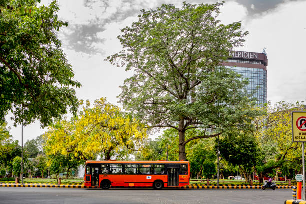 New Delhi, India, May 31st 2021: Golden shower tree flowers are blooming in a round about in central Delhi area in the time of Corona Virus pandemic
