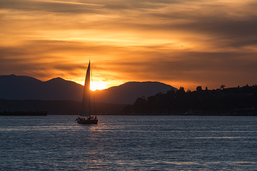 Sailboat on elliott bay at sunset.