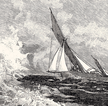 SAILBOAT TRIP, WITH A LOT OF WIND.
Vintage engraving circa late 19th century.