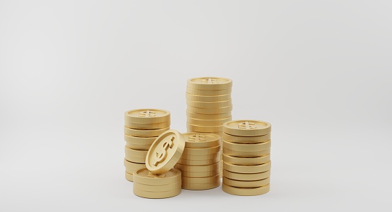 Gold coin stacks with dollar sign on white background. Banking and finance concept. 3D rendering