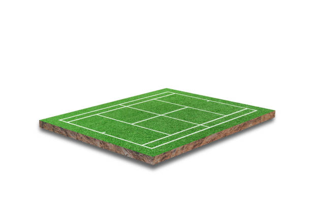 istock Tennis court isolated on white background. Green grass realistic. 3D rendering 1321232823