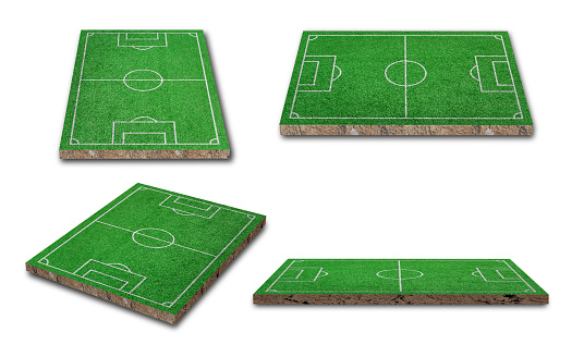 3D Rendering. Green lawn or grass soccer field collection isolated on white background. Different perspective