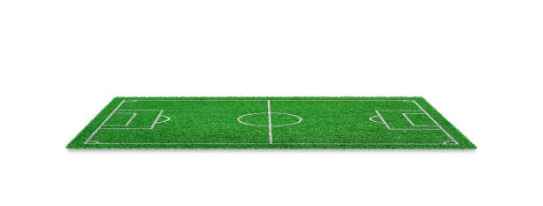 Green grass football field isolated on white background. Soccer field for sport game stock photo
