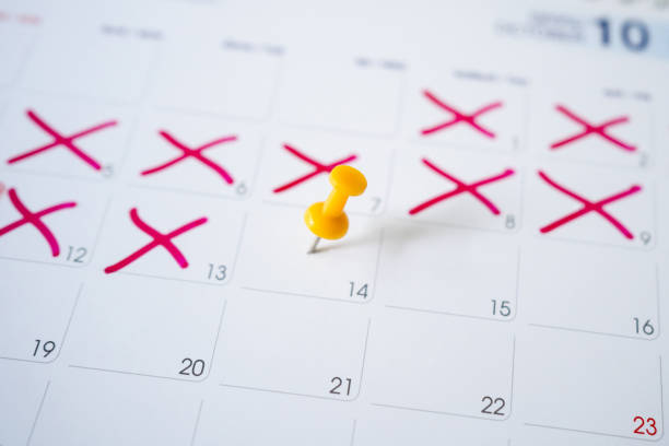 istock Yellow pin on the calendar on the 14th with selectable focus. 1321236499