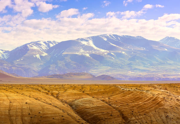 The slope of the river terrace with the exposure of colorful clays and siltstones under the blue sky, in the distance the Kurai ridge. Siberia, Russia