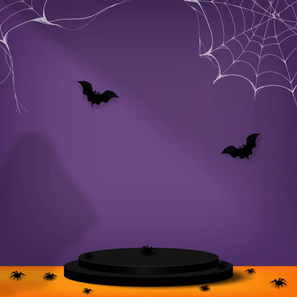Ilustración de Escena De Fondo De Halloween Decoración De Escenario Negro Con Día De Halloween Elementos Murciélagos Araña Tela De Araña Fantasma En Púrpura Y Naranja Escena De Pedestal Para Publicidad De Ilustración de Escena De Fondo De Halloween Decoración De Escenario Negro Con Día De Halloween Elementos Murciélagos Araña Tela De Araña Fantasma En Púrpura Y Naranja Escena De Pedestal Para Publicidad De
