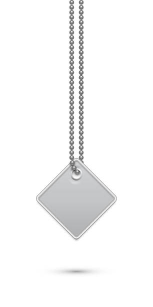 Empty rhombus silver military or dogs badge hanging on steel chain. Vector army object isolated on white background. Pendant with blank space for identification, blood type in case of death and injury Empty rhombus silver military or dogs badge hanging on steel chain. Vector army object isolated on white. Pendant with blank space for identification, blood type in case of death and injury vietnam dog tags stock illustrations