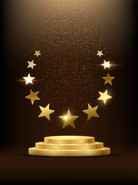 ilustrações de stock, clip art, desenhos animados e ícones de golden podium with stars glowing. gold stage with glitter and light smoke on dark background. hollywood fame in film and cinema or championship in sport vector illustration - star shape hollywood california gold three dimensional shape