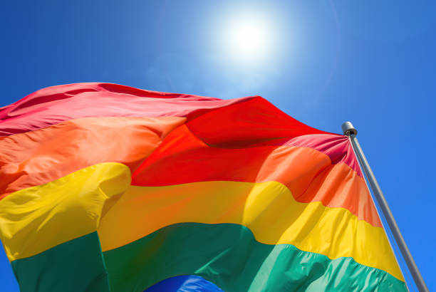 istock Rainbow flag on blue sky background symbol of tolerance and acceptance 1321243442