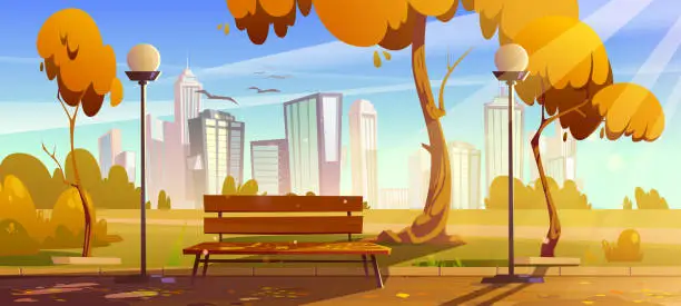 Vector illustration of Autumn park with orange trees, wooden bench