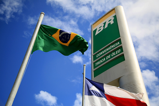 salvador, bahia, brazil - may 26, 2021: Brazilian flag on the facade of a BR Distribuidora gas station in the city of Salvador.