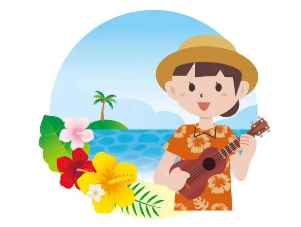 Vector illustration of Tropical Aloha shirt ukulele performance women