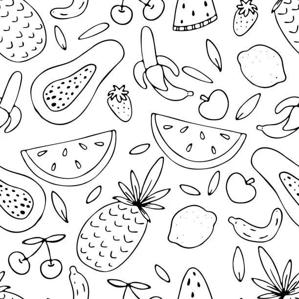 Vector illustration of summer exotic fruits - watermelon, papaya, banana, lemon, set of green tropical leaves, vector seamless pattern of doodle elements