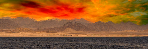 wybrzeża morza czerwonego z górami synaj w egipcie. krajobraz biblii - synaj i morze czerwone. morze czerwone góry synaj morze panoramiczny krajobraz. piękny zachód słońca na deser synaju - mistic zdjęcia i obrazy z banku zdjęć