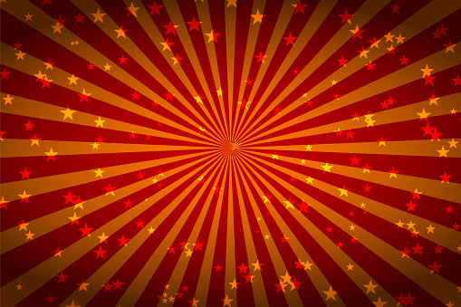 Show, circus poster. Red burst background with stars. Sunlight rays background. Vector Christmas poster. Sun beam ray sunburst pattern.
