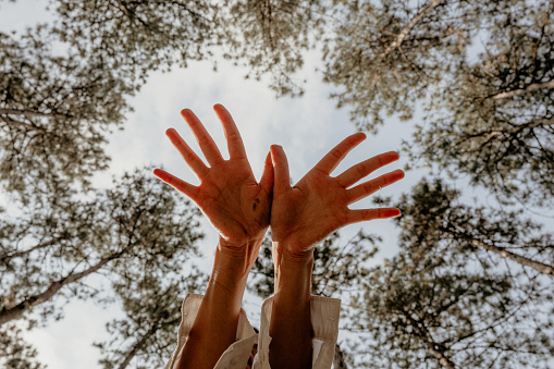 Low angle view of a female's hands making a bird shape towards up in the sky.