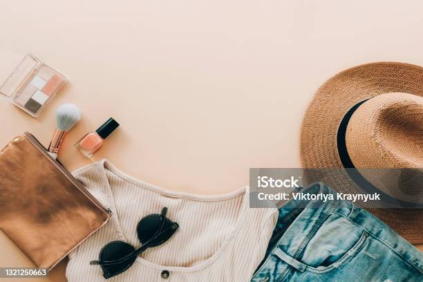 Womens Summer Clothing And Accessories Beauty Fashion Summer Vacation Concept Top View Flat Lay Copy Space Stock Photo - Download Image Now