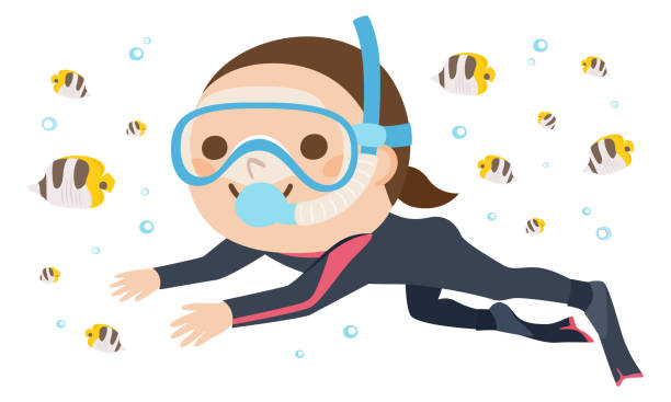 다이빙 수트를 입은 여성 다이버의 일러스트레이션. 여자는 물고기와 함께 수영하고 있습니다. - swimming goggles stock illustrations