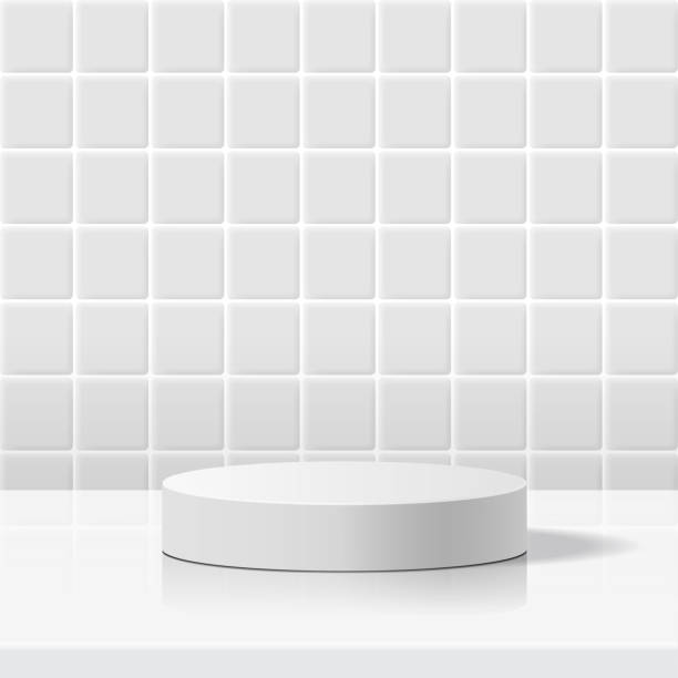 minimal scene with geometric forms. cylinder white podium in white rectangle ceramic tile wall background. minimal scene with geometric forms. cylinder white podium in white rectangle ceramic tile wall background. Scene to show cosmetic product, Showcase, shopfront, display case. 3d vector illustration. bathroom backgrounds stock illustrations