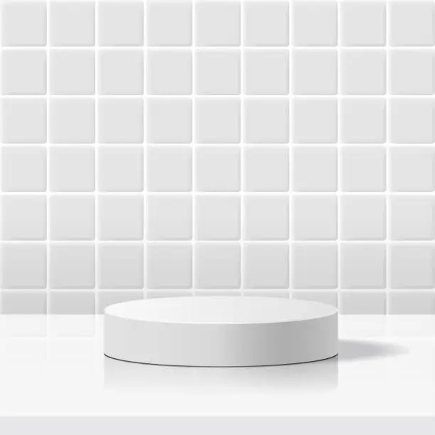 Vector illustration of minimal scene with geometric forms. cylinder white podium in white rectangle ceramic tile wall background.