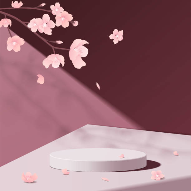 istock Minimal geometric, white marble podium mockup in pink background with pink sakura flower. 1321252983