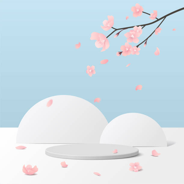 istock Minimal geometric, white podium mockup in blue background with pink sakura flower. 1321252984