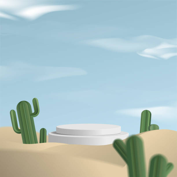 ilustrações, clipart, desenhos animados e ícones de cilindro de pódio branco zomba em fundo do deserto com cacto - white background luxury three dimensional shape blue