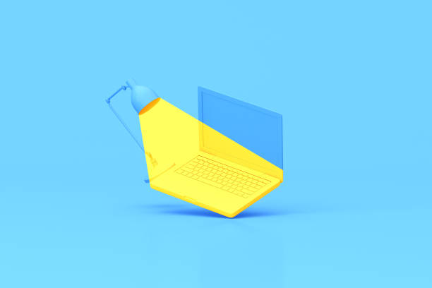 istock 3d rendering of laptop and lamp on blue background. Minimal creative idea. 1321253756