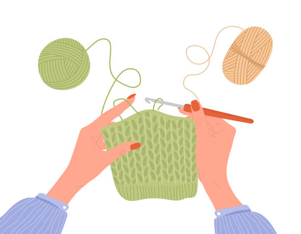 かぎ針編み加工。フックと糸を持つ女性の手。糸のボール。ワークプレースのトップビュー。テーラーショップの要素。フラットな漫画スタイルで手描きベクトルイラスト - sewing needlecraft product needle backgrounds点のイラスト素材／クリップアート素材／マンガ素材／アイコン素材