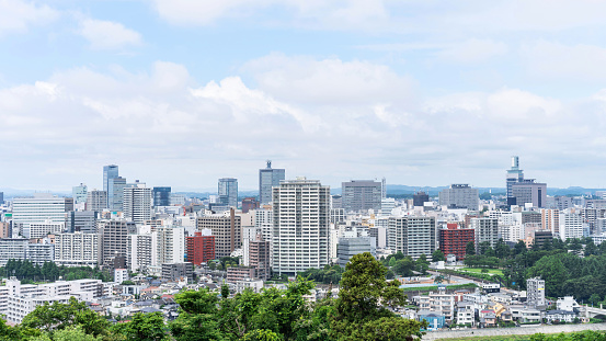 Asia business concept for real estate and corporate construction - panoramic modern city skyline aerial view of Sendai in Miyagi, Japan