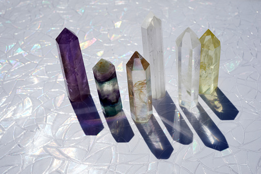 quartz gemstones crystalon light background. Gems for relaxation, Crystal Ritual, Witchcraft