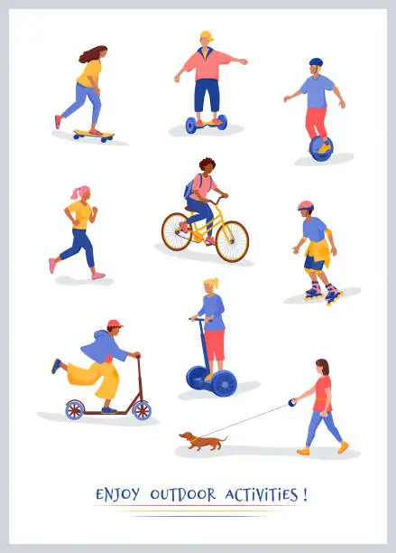 Vector illustration of Poster of people doing outdoor sport activity: running,walking dog,roller skating,skateboarding,bicycling,electric scooter,monocycle,hoverboard.