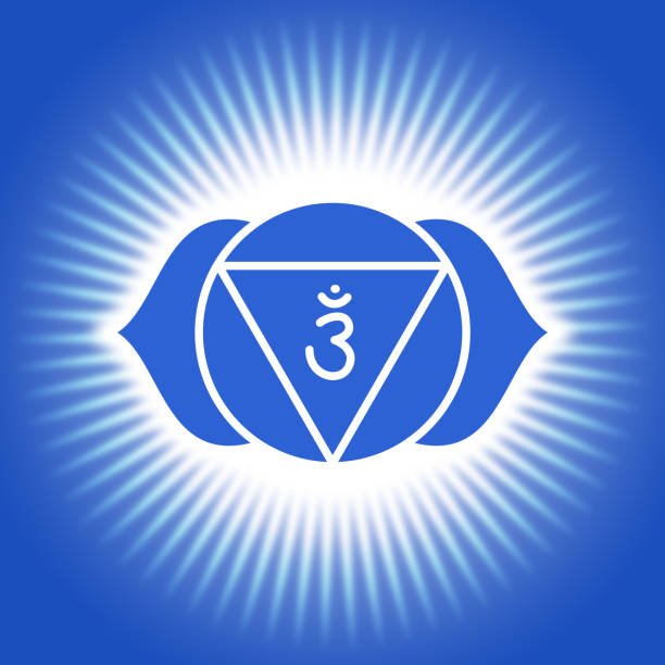 ajna-symbol. das sechste frontalchakra. drittes auge. indigo blau symbol. sakrale zeichen. glänzende yoga-illustration - wirbelkanal stock-fotos und bilder