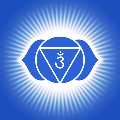 Ajna icon. The sixth frontal chakra. Third eye. Indigo blue symbol. Sacral sign. Shining yoga illustration