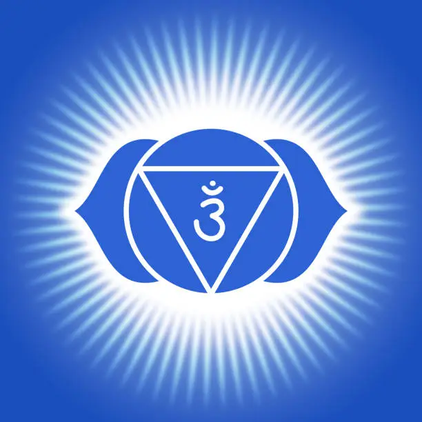 Ajna icon. The sixth frontal chakra. Third eye. Indigo blue symbol. Sacral sign. Shining yoga illustration