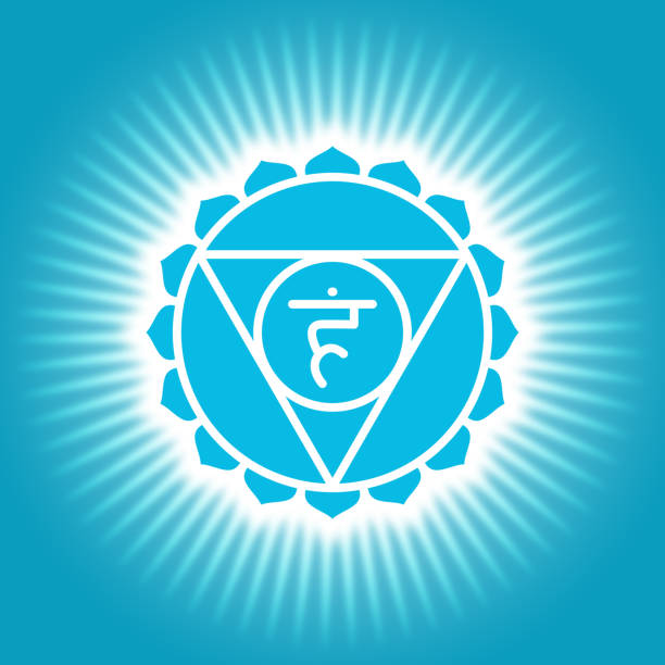 vishuddha. simbolo yoga splendente blu. il quinto chakra gutturale. segno om. icona sacrale - om symbol yoga symbol hinduism foto e immagini stock