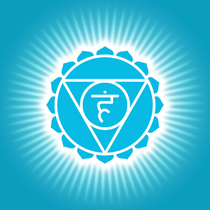 Vishuddha. Blue shining yoga symbol. The fifth guttural chakra. Om sign. Sacral icon