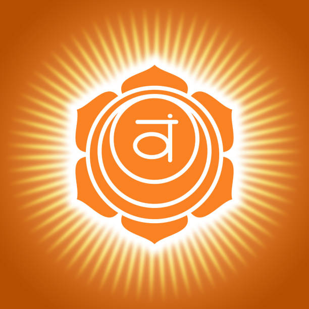 chakra swadhisthana. orange glänzende yoga-symbol. om zeichen. sacral-symbol - wirbelkanal stock-fotos und bilder