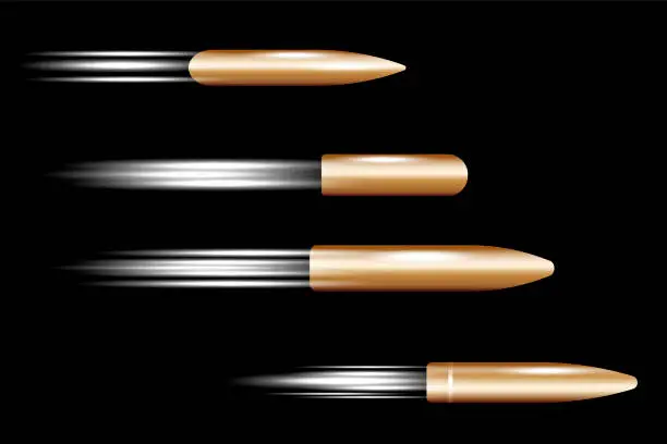 Vector illustration of 3d shot on dust black background. Flying bullets black background in realistic style. Vector illustration. Stock image. EPS 10.